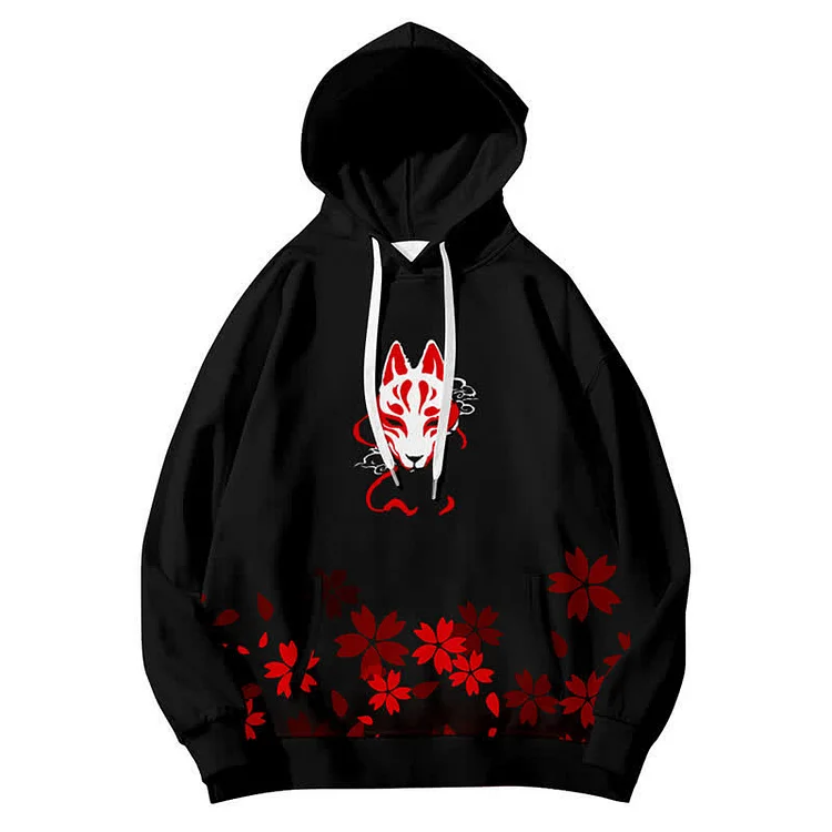 Vintage Sakura Fox Print Causal Hoodie - Modakawa modakawa