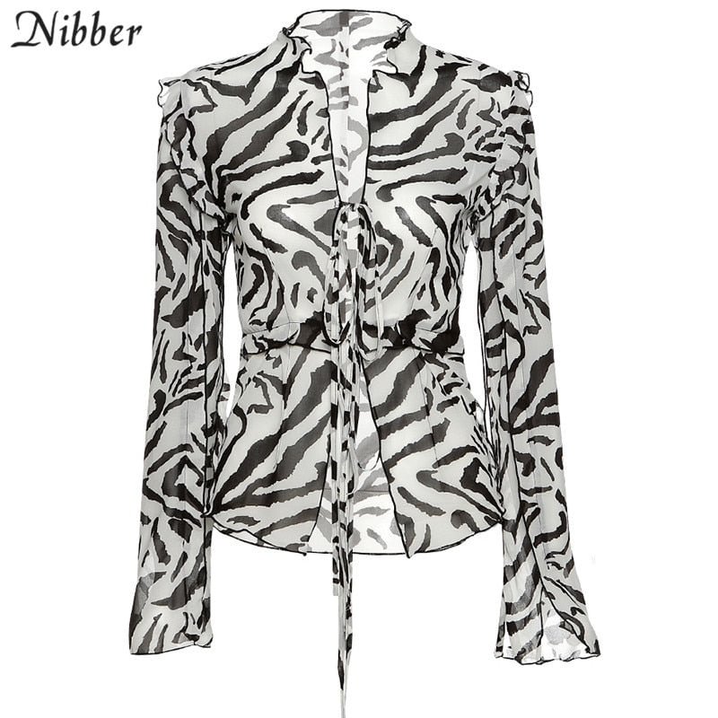 Nibber sexy deep V-neck Lace up beach club Top Women Mesh See Through Long Sleeve Solid T Shirt Fashion Ruffles Summer tee mujer