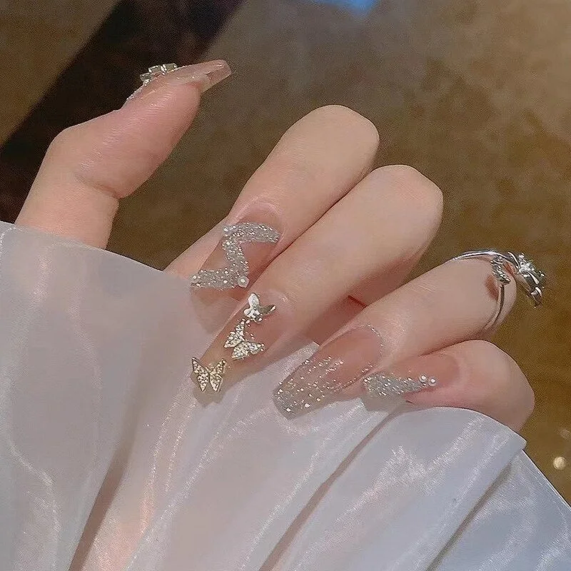 24PCS Fake Nails with Shiny Bow Diamond Design  Long Coffin Head French Style Press on Nails Wearable Full Finished Nail Patches-Nail Inspo