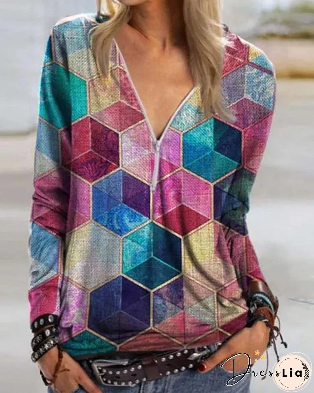 Color Block Casual V-Neckline Long Sleeve Blouses