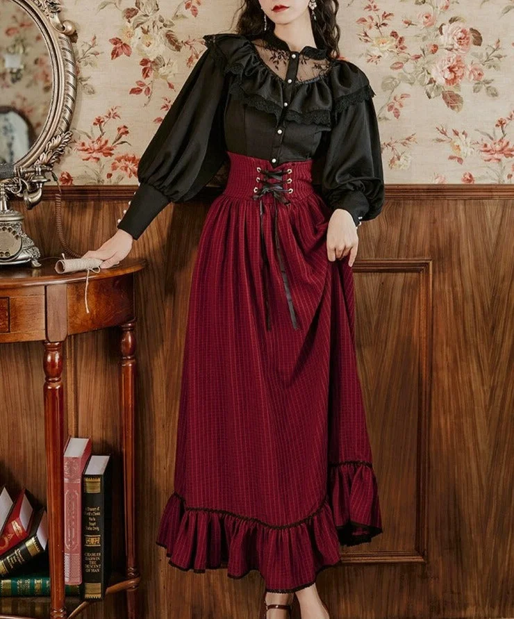 Dark Academia Elegant Lantern Sleeve Black Shirt & Burgundy Stripe Long Maxi Skirt Set SS2317