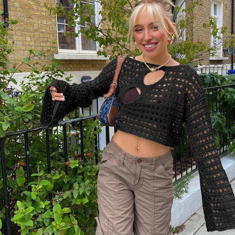 Brownm Neck Summer Girl Fashion Sexy Irregular Ripped Hollow-out Knitted Blouse