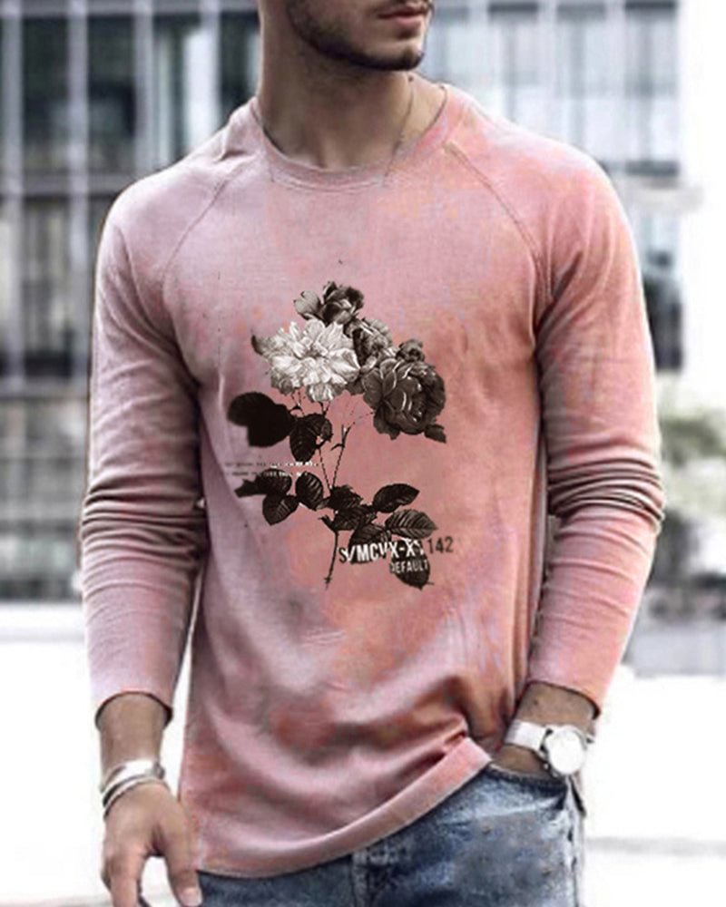 Long-sleeved T-shirt Pink Round-necked Floral T-shirt