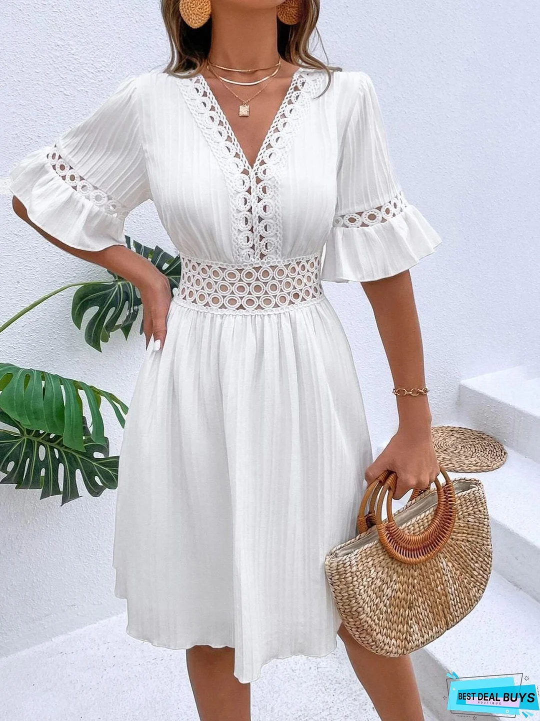 Cutout V-Neck Flounce Sleeve Mini Dress