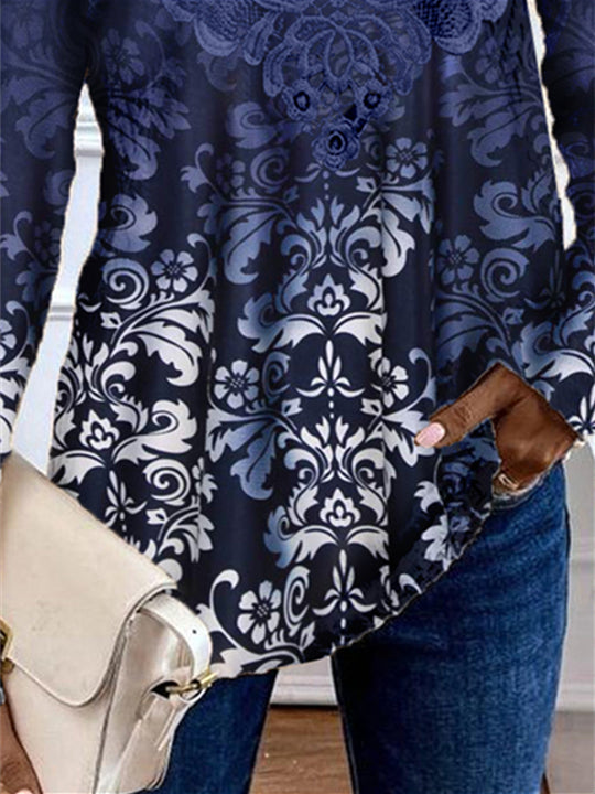 Women's Long Sleeve Scoop Neck Graphic Lace Floral Printed Top