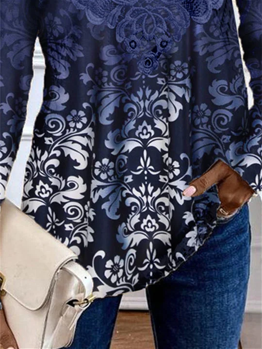 Women's Long Sleeve Scoop Neck Graphic Lace Floral Printed Top
