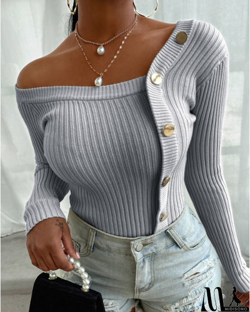 MidiSono - Fashion Stitching Button Long Sleeve Top