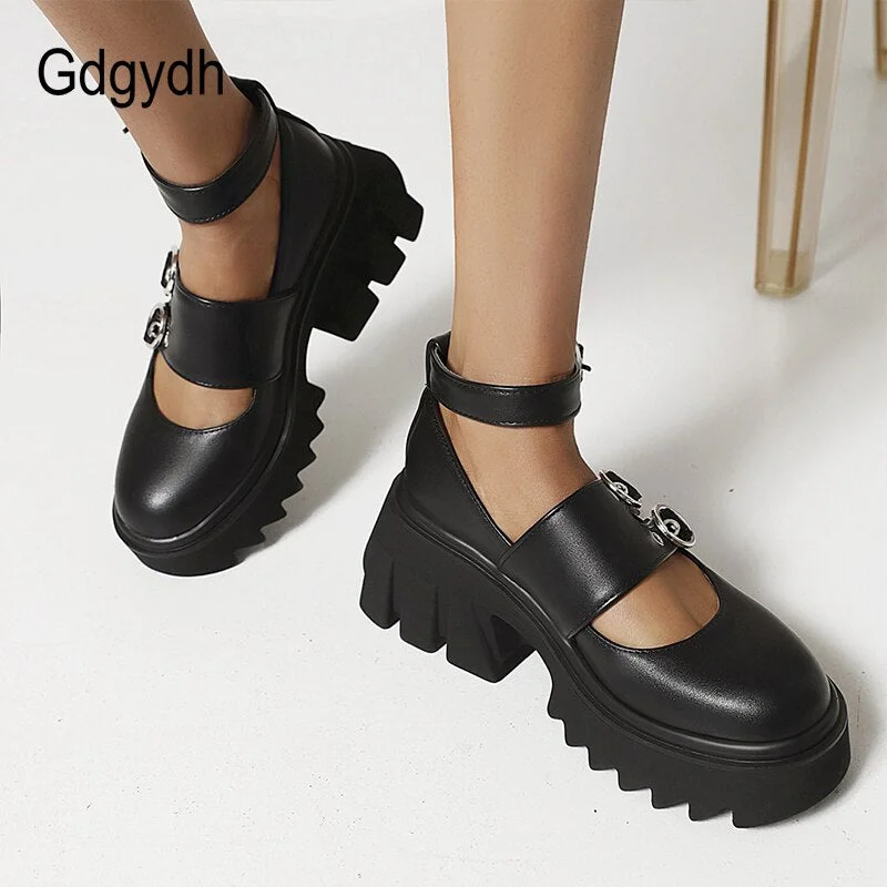 Gdgydh Fashion Buckle Chunky Gothic Platform Shoes Women Black Patent Leather Brand Design Fetish Pumps High Quality Footwear