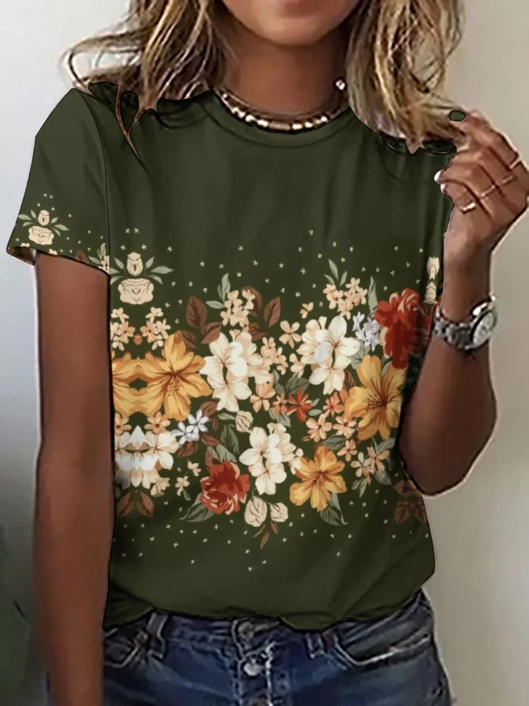 Printed Short Sleeve Casual T-shirt for  Women and Men Unisex Pattern Floral, Black, Colorful