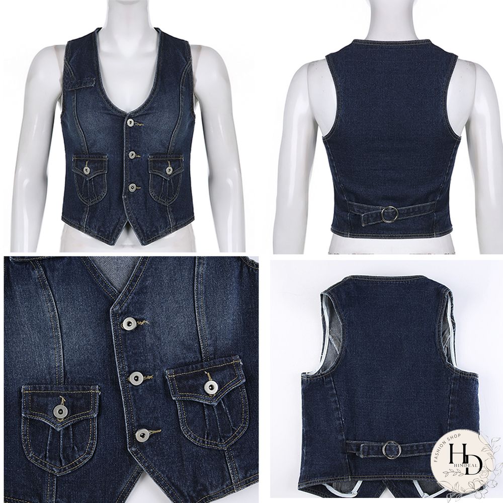 Y2K Pockets Jeans Corset Top Button V Neck Cargo Retro Sweats Tank Tops Women Streetwear Aesthetic Vest Summer 90S Tee