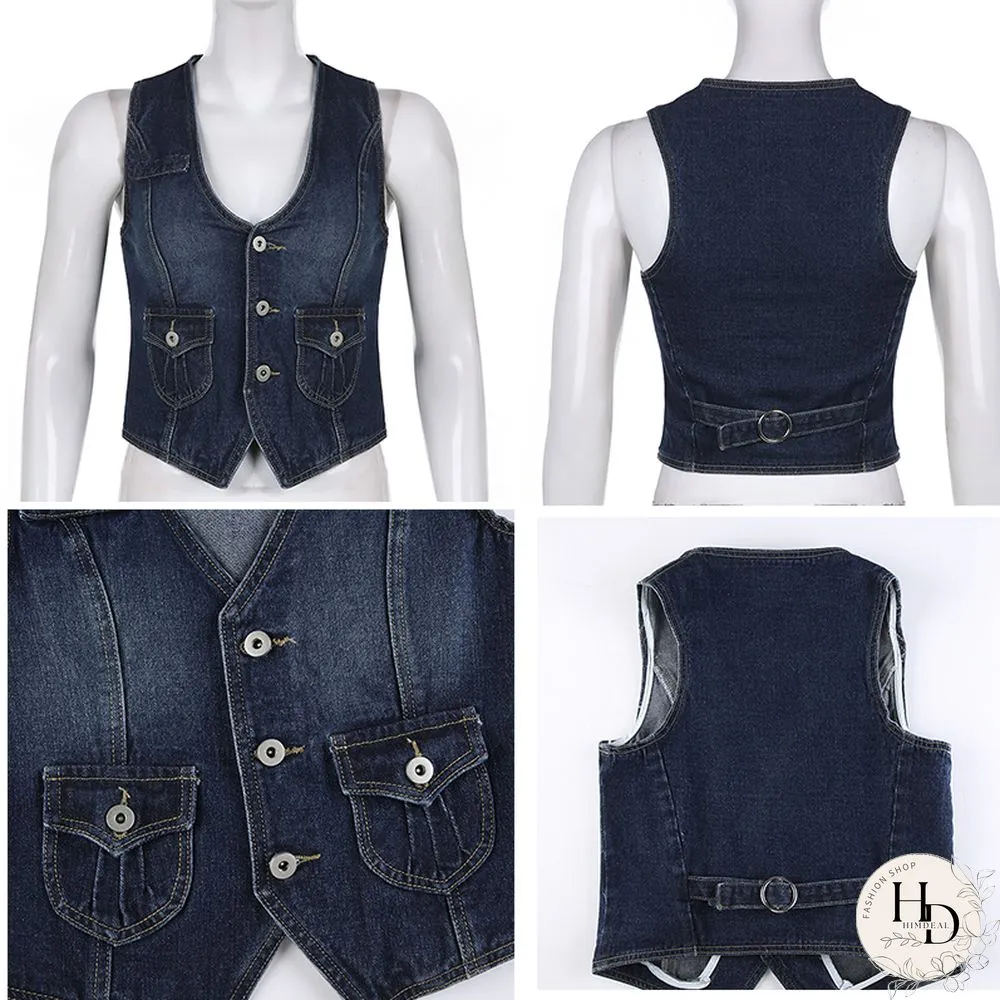 Y2K Pockets Jeans Corset Top Button V Neck Cargo Retro Sweats Tank Tops Women Streetwear Aesthetic Vest Summer 90S Tee