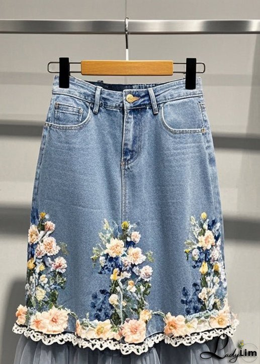 Beautiful Blue Flower Patchwork Tulle Denim Skirts Fall