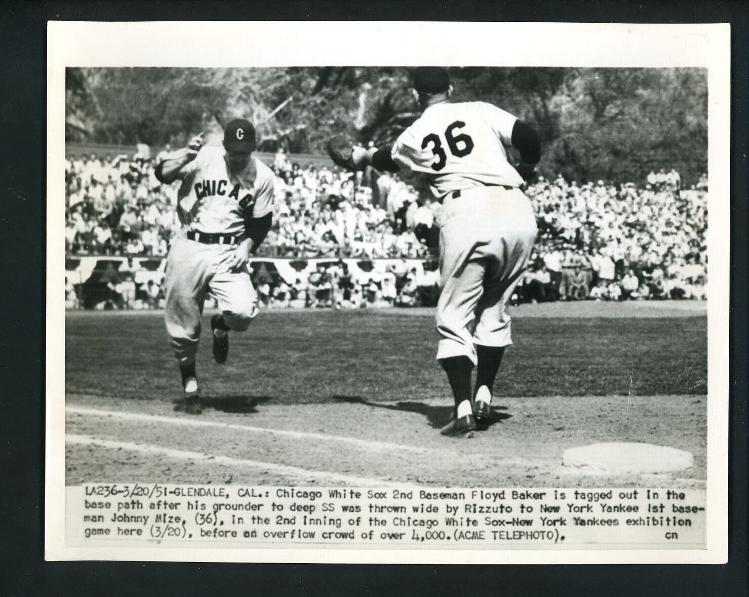 Floyd Baker & Johnny Mize 1951 Press Photo Poster painting White Sox Yankees game at Glendale