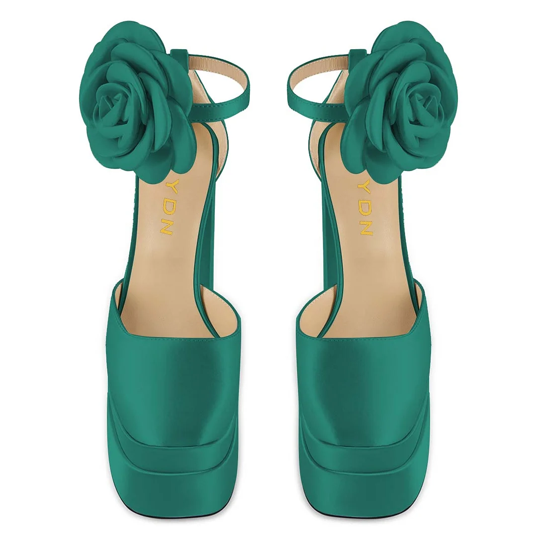 Dark Green Satin Floral Ankle Strap Platform Square Toe 6-Inch Heels