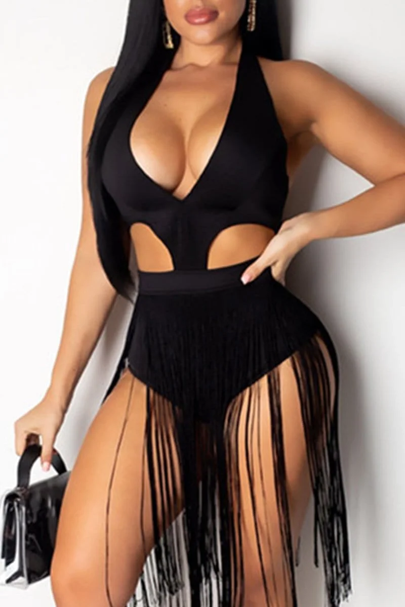 Sexy Deep V  Backless  Fringed  Swimsuit
