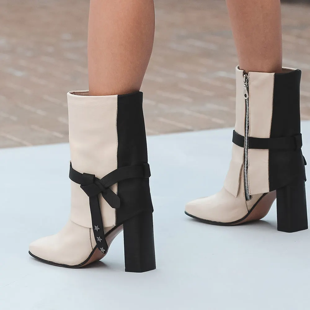 Chic Beige & Black Square Toe Chunky Heel Boots for Women with Zipper