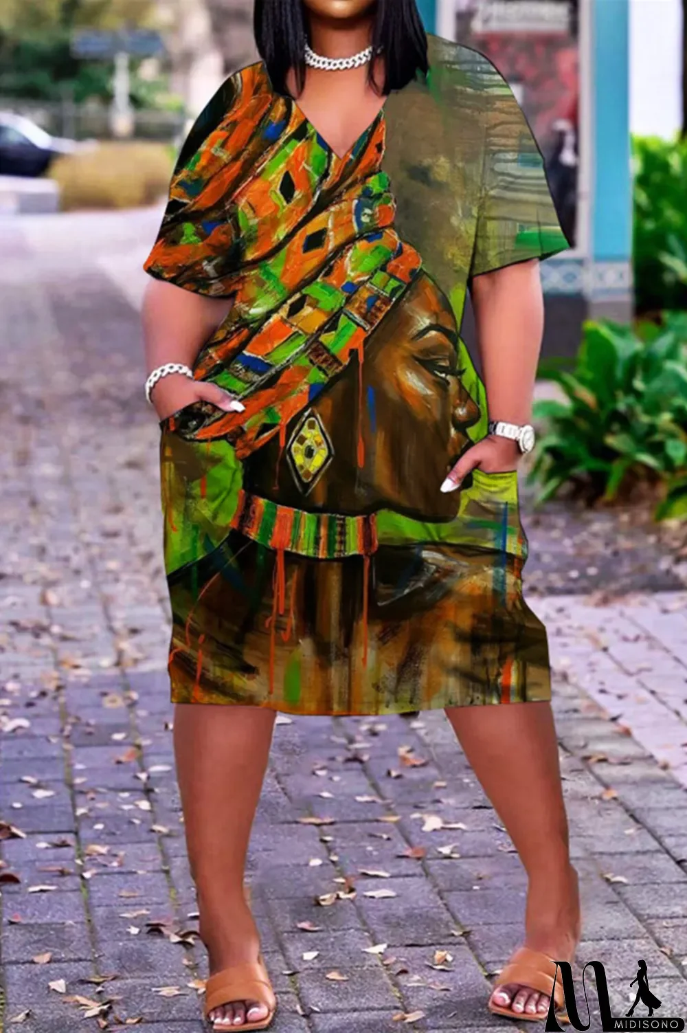 MidiSono - Pink Fashion Casual Print Patchwork V Neck Short Sleeve Dress Dresses