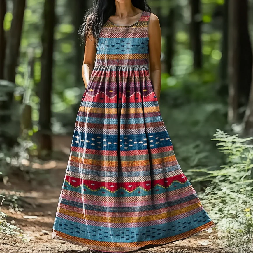 Women's Retro Colorful Stripes Collage Art Pattern Print Sleeveless Cotton Pocket Dress