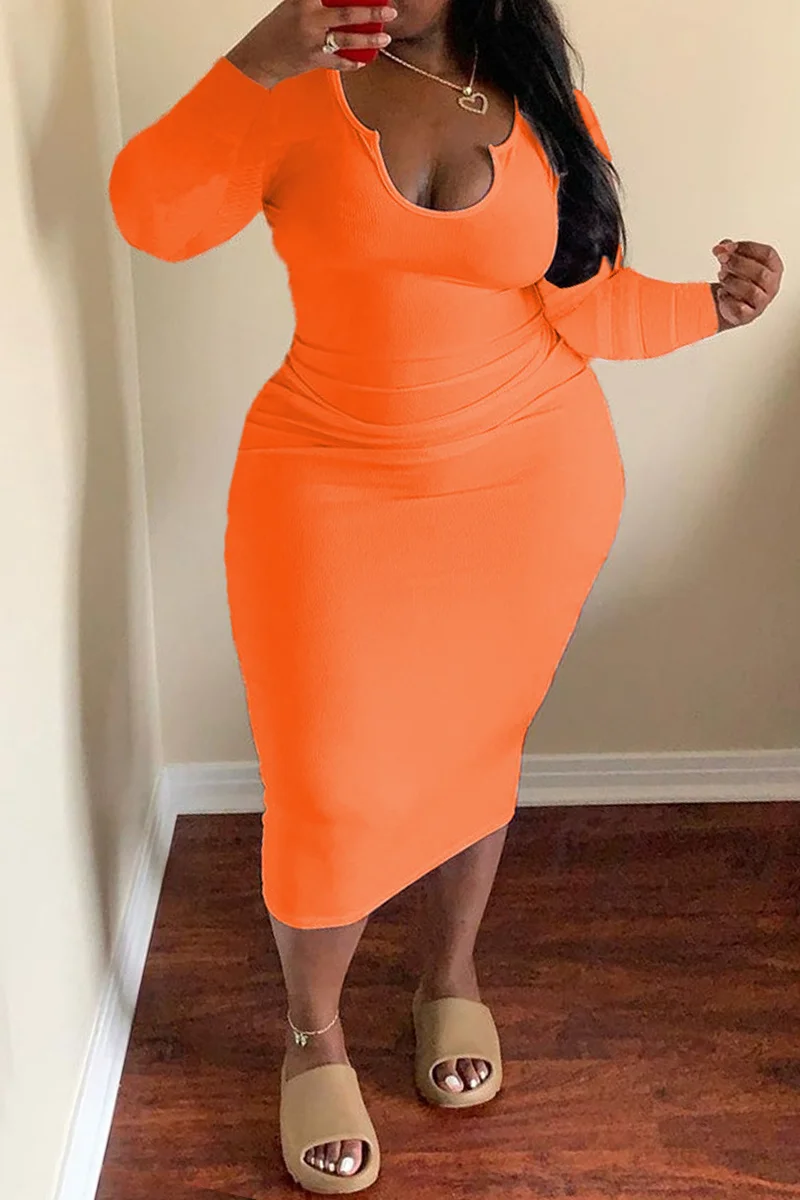 Orange Fashion Casual Solid Basic U Neck Long Sleeve Dresses | EGEMISS