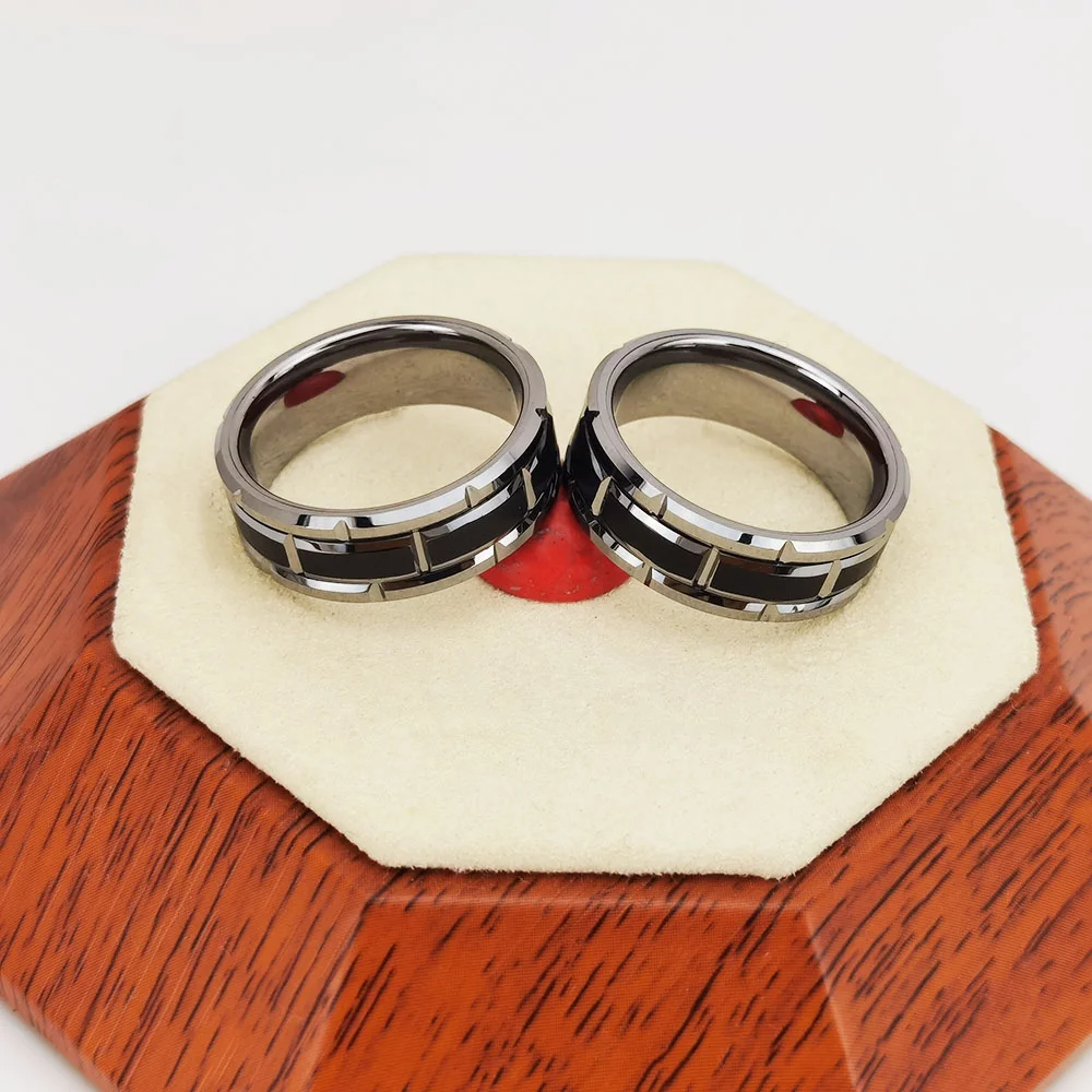 8MM Sliver Tungsten Irregular Groove Simple Black Bands For Mens