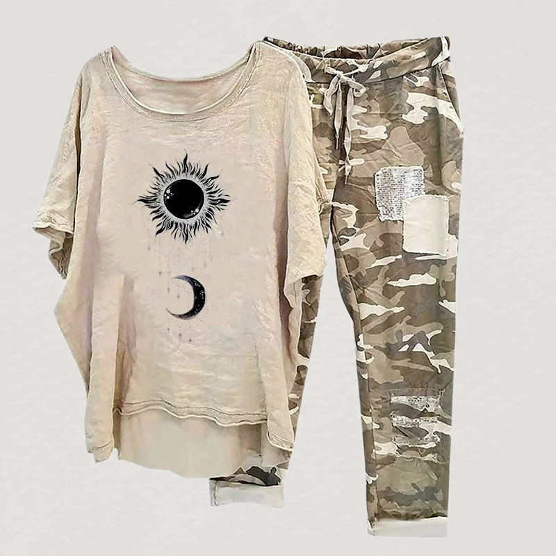 Women's Fashion Sun And Moon Printed Two Piece Casual Set