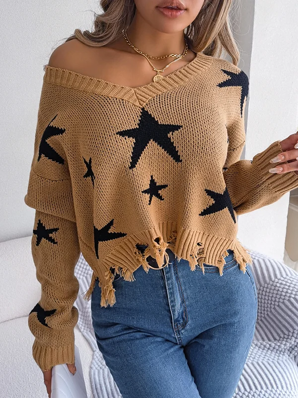 Long Sleeves Loose Contrast Color Fringed Split-Joint V-Neck Sweater Tops