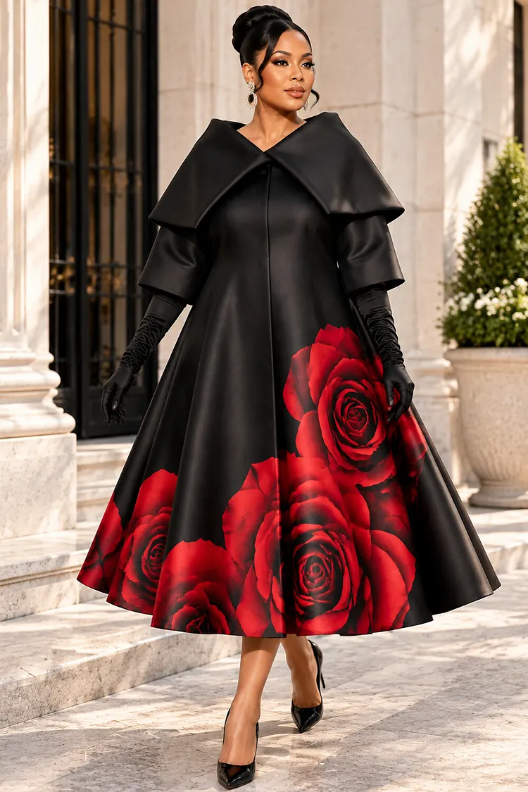 Xpluswear Design Plus Size Churchs Black Floral Turndown Collar Half Sleeve Pocket Satin Midi Dresses [Pre-Order] 2024 - Xpluswear