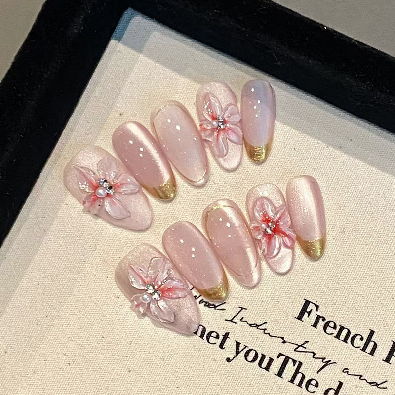 Bayuyun Spring Gel Nails – 24Pcs Light Blue Smudge Almond Gold Leaf Press on Nails Long Full Cover Tips  