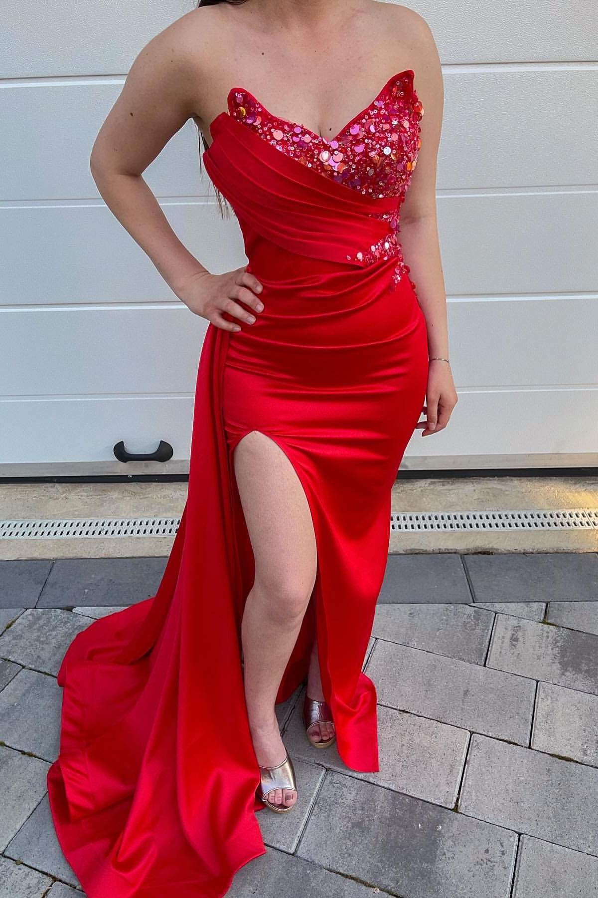 Dresseswow Sweetheart Sequins Mermaid Red Prom Dress With Slit Ruffles