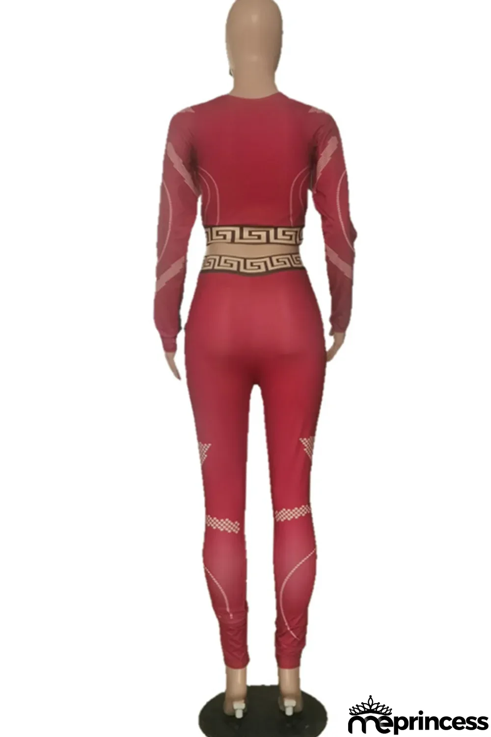 Burgundy Casual Print Split Joint O Neck Long Sleeve Two Pieces