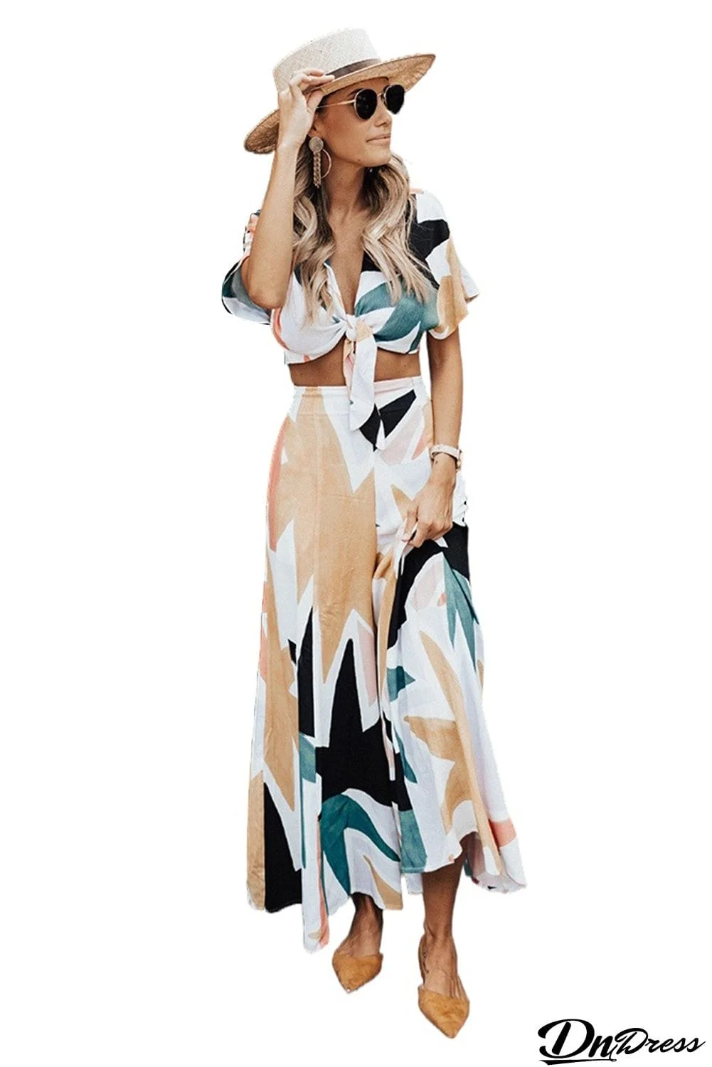 Tropical Print Crop Top and Flare Wide Leg Pants Set