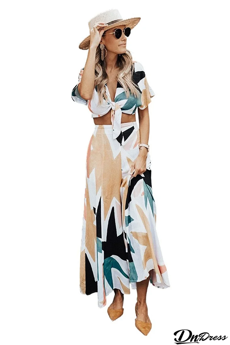 Tropical Print Crop Top and Flare Wide Leg Pants Set