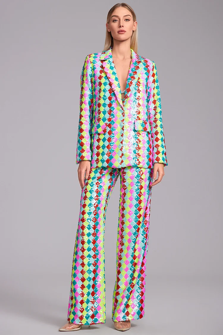 Rainbow Sequin Patchwork Blazer Two Piece Pant Set-Multicolor