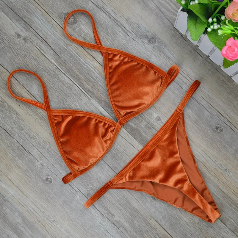 2019 Women Dark Green Orange Gold Velvet Thong Bikinis Sets Swimwear Swimsuit Brazilian Beach Wear Bathing Suit 2221