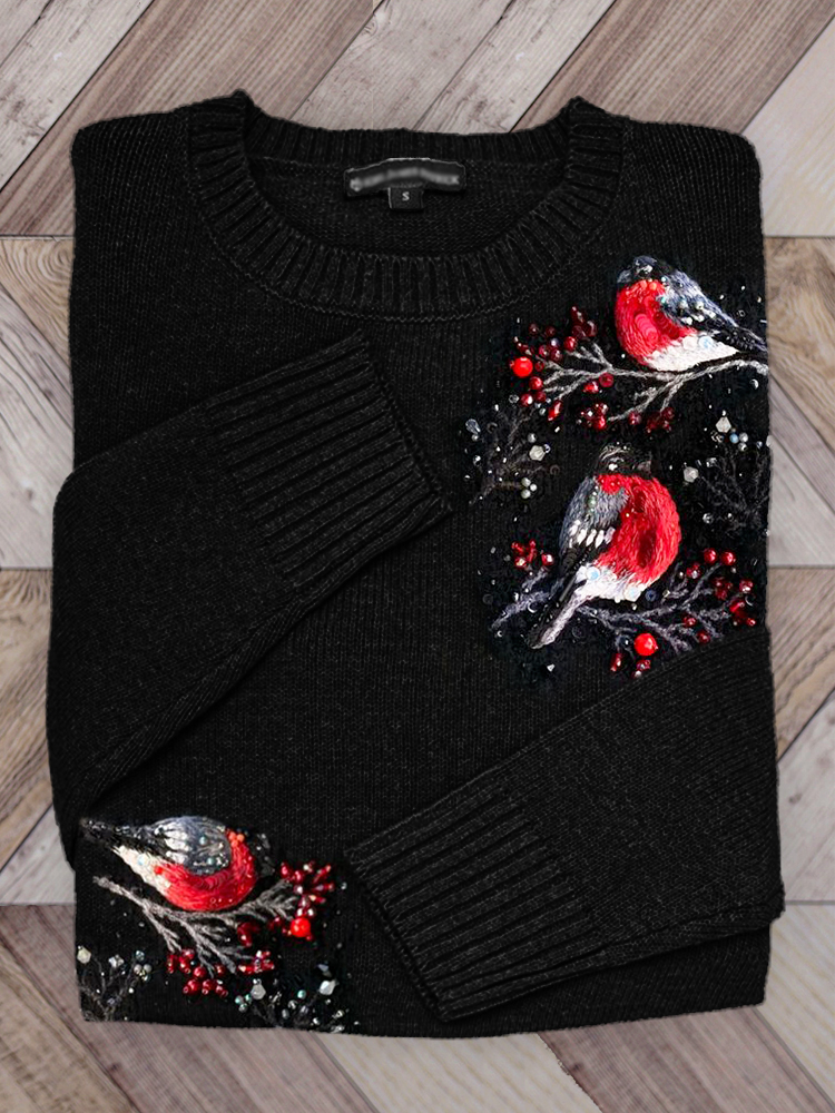 Comstylish Birds On Berry Branches Glitter Beaded Embroidered Cozy Sweater