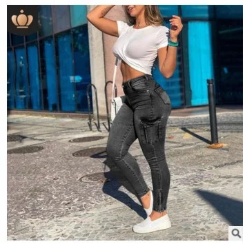 Uveng Uveng And Winter New Zipper Folded Women's Trousers Pocket Fashion Thin White Tower Women's High-Waisted Small-Footed Jeans
