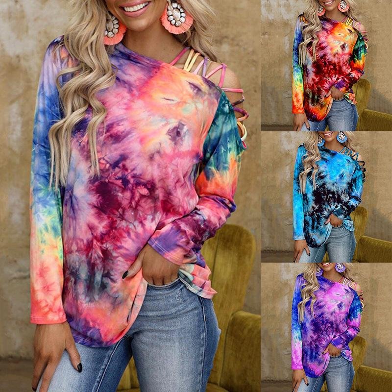 Spring/Summer 2021 Tie-dyed Printed Long Sleeve Strapless Sexy Casual Loose T-shirt Female Boho Style Top