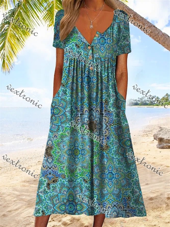 Women's Green Short Sleeve V-neck Graphic Floral Printed Midi Dress
