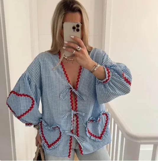 Brownm Brownm Women's Clothing New Fashion Loose Long-Sleeved Plaid Love With Shirt Women