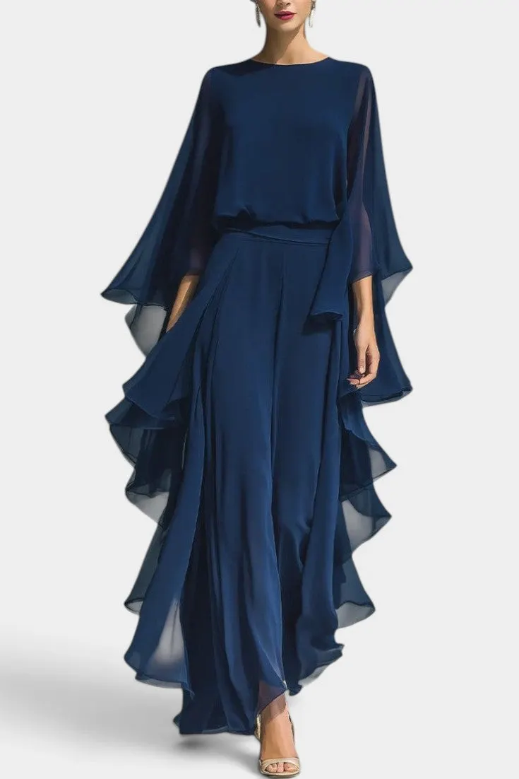 Chiffon Ruffled Sleeve Set with Cascading Trousers