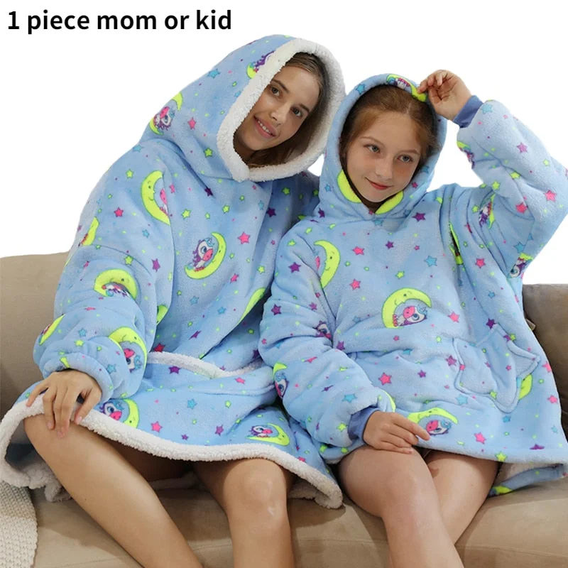 Sherpa Blanket Hoodie Family Oversized Homewear Fleece Warm Thick Girls Sleepwear Cartoon Printed Hoody Sweatshirt TV Blanket