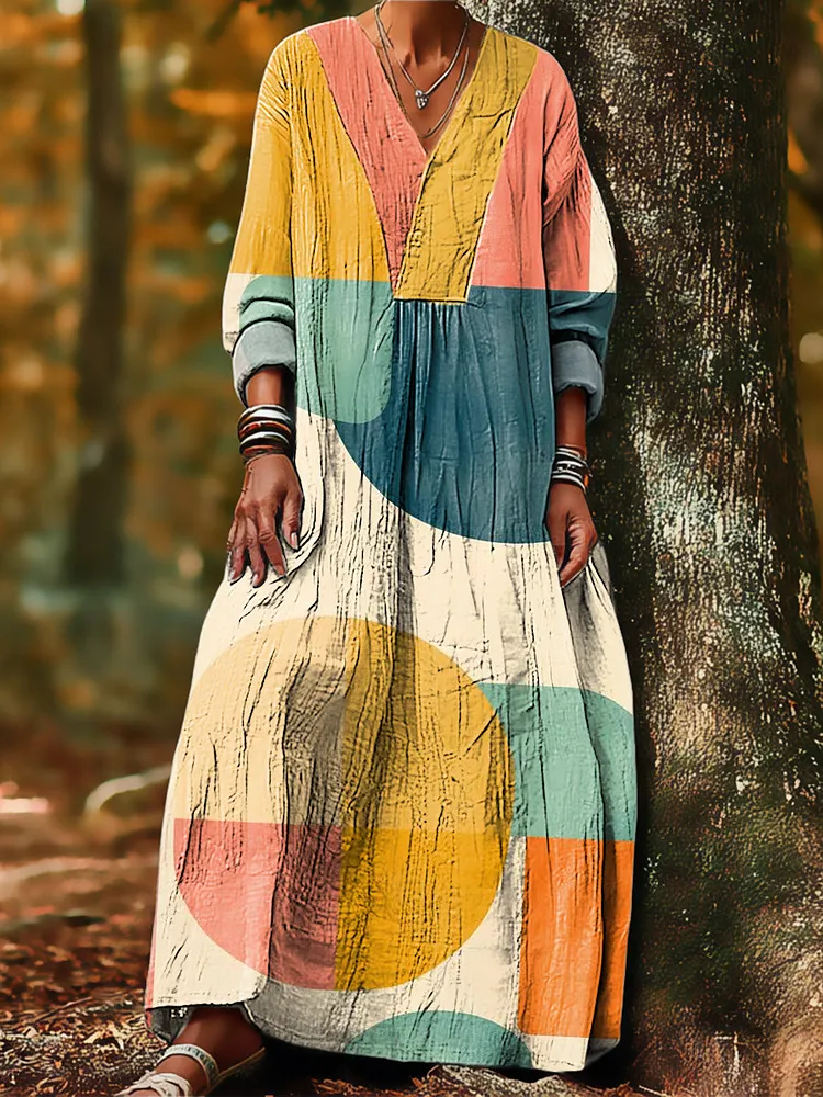 Women's Abstract Colorful Geometric Color Block Painting Art Print Dress