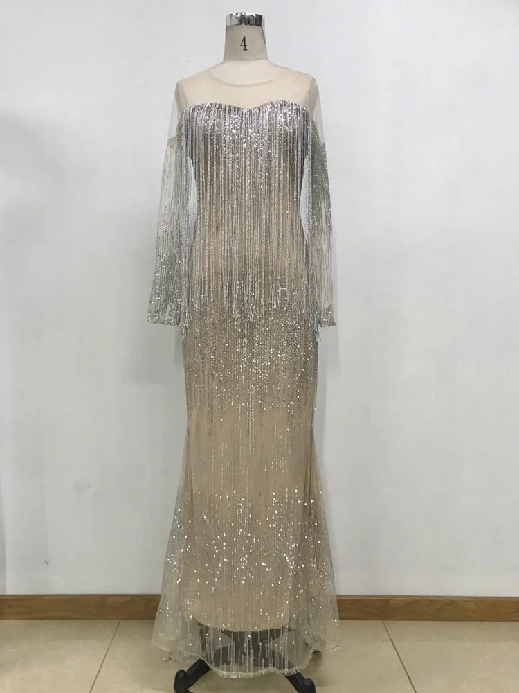 Mandylandy Women Sexy Mermaid Evening Dress With Tassel Lady Sequins High Waist Corset Long Party Formal Dress Prom Gown