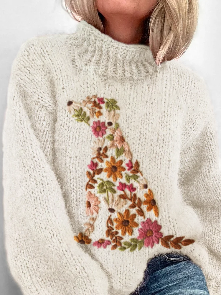 Utbros Dog & Floral Embroidery Cozy Turtleneck Sweater