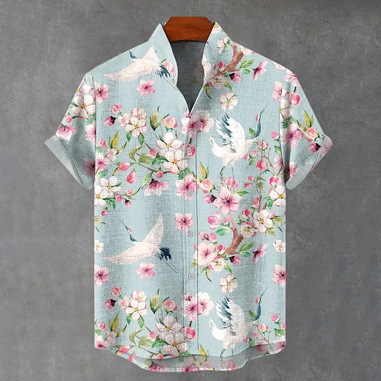 Vintage Peach Blossom Crane Vintage Print Casual Shirt
