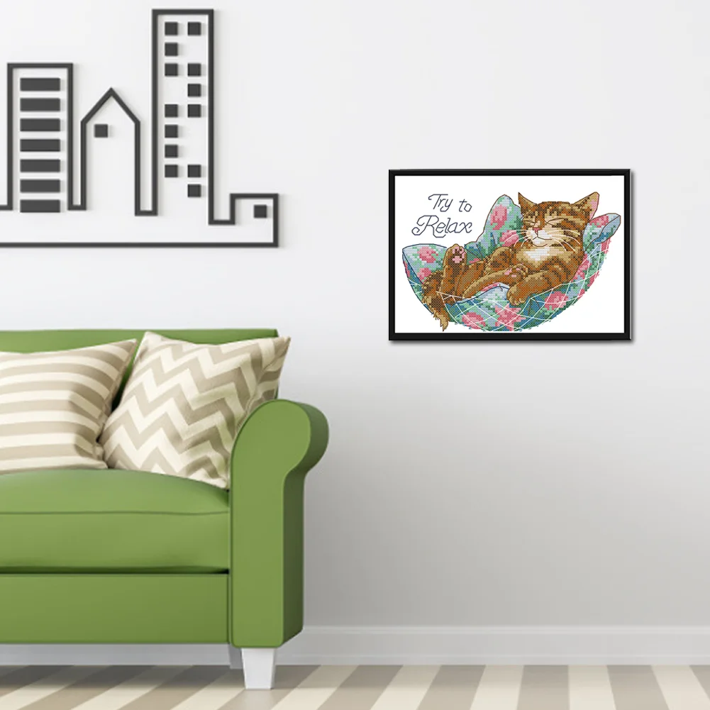 DIY Stamped Cross Stitch 14CT Partial Embroidery 25*17cm - Sleeping Cat