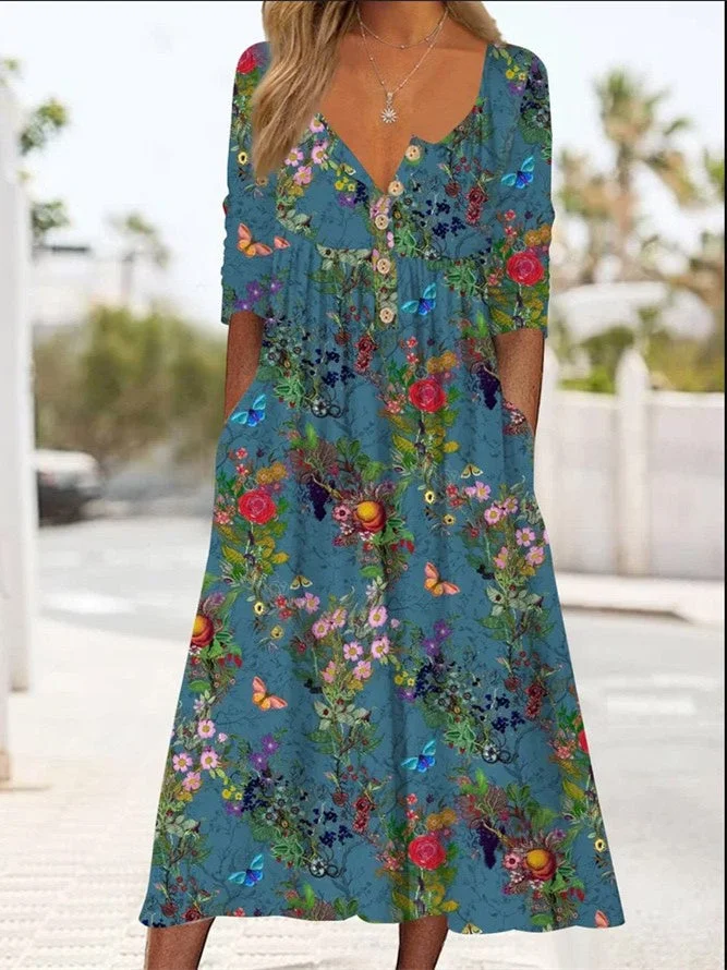 Women Scoop Neck Long Sleeve Floral Printed Button Dress