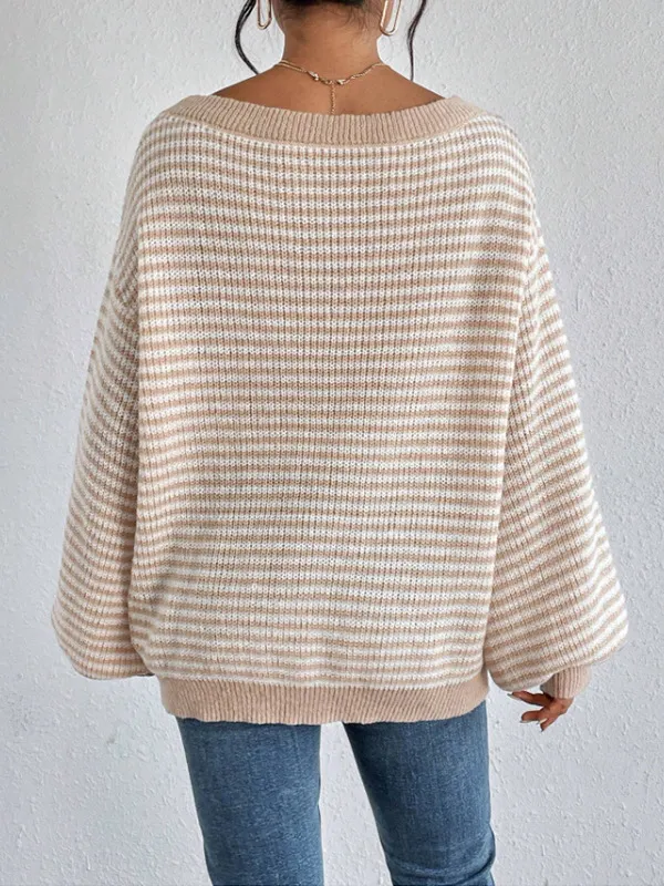 Nigikala Nigikala Temperament Collar Spring And Autumn Knitted Sweater Classic Stripe Bump Color Cover Casual Top