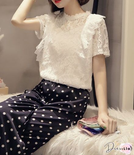 Spring Summer Lace Women Round Neck Decorative Lace Lace Short Sleeve Blouses