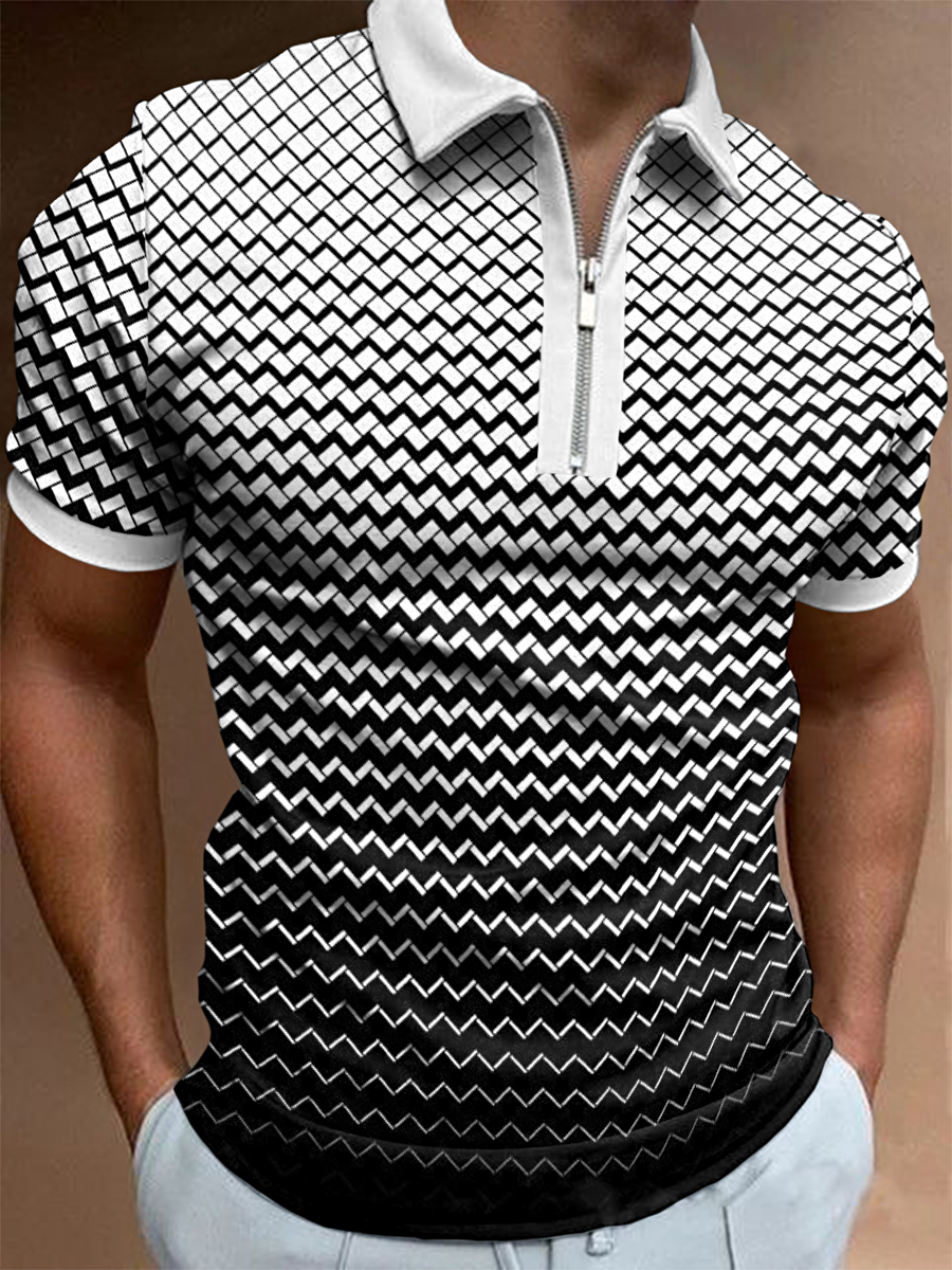 Fashion Black and white casual geometric printed polo shirt